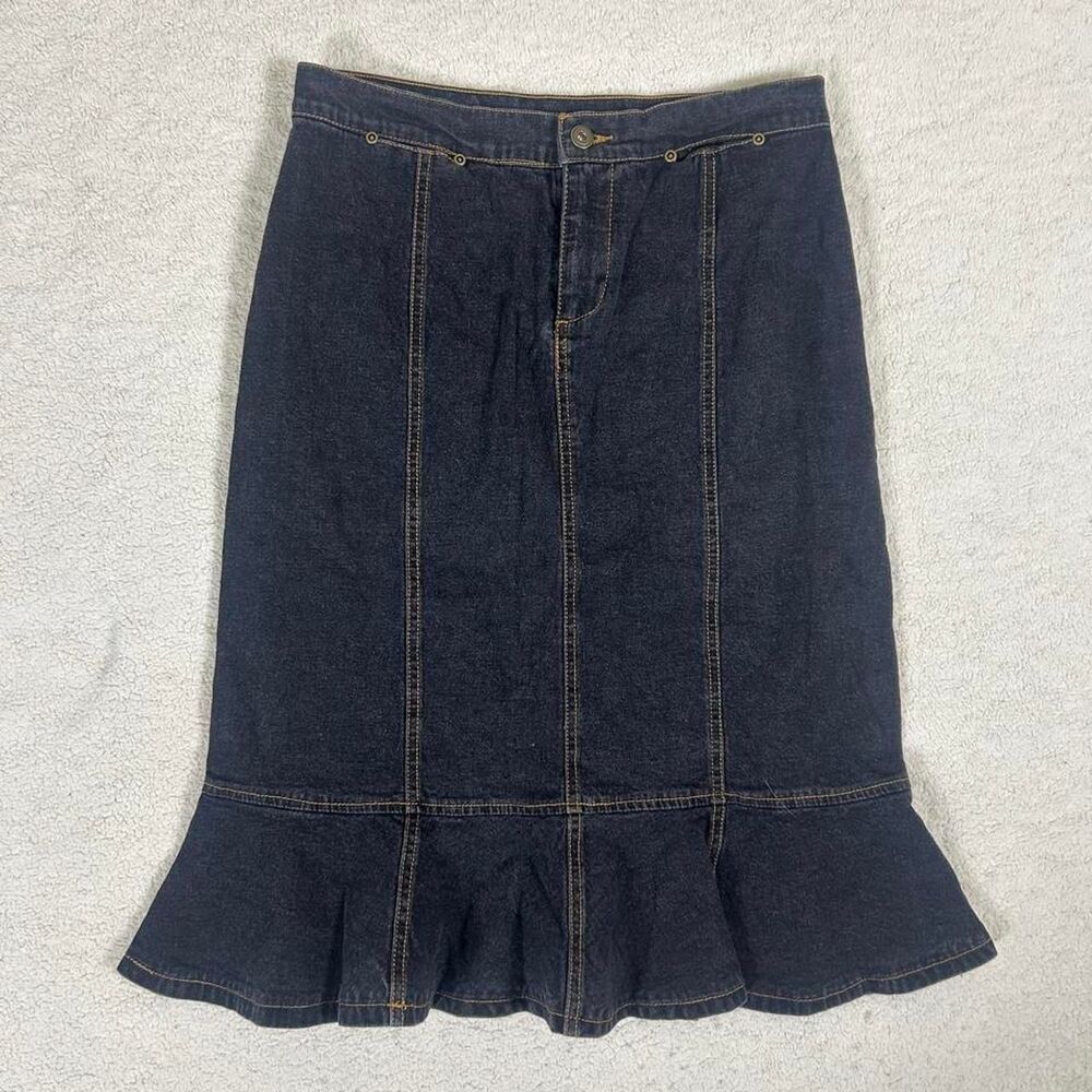 D & Co Y2K Whimsigoth 90s Does 70s Denim Ruffle Midi Skirt